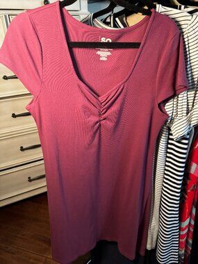 SO Pink Ribbed Ruched Front Dress Short Sleeve Stretch Casual Mini Dress